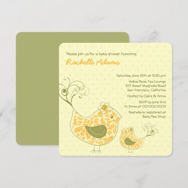 Yellow Swirly Mum & Baby Bird Baby Shower Invite (Front/Back)