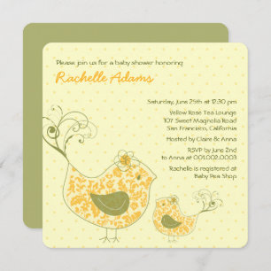 Yellow Swirly Mum & Baby Bird Baby Shower Invite
