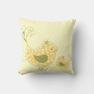 Yellow Swirly Mum & Baby Bird  Whimsical Damask Cushion
