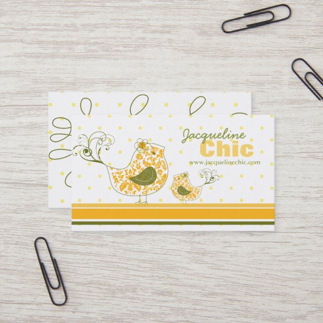 Yellow Swirly Whimsical Damask Mummy And Baby Bird Business Card (Front/Back In Situ)