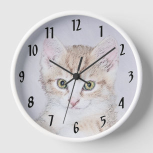 Yellow Tabby Cat Painting - Cute Original Cat Art Clock