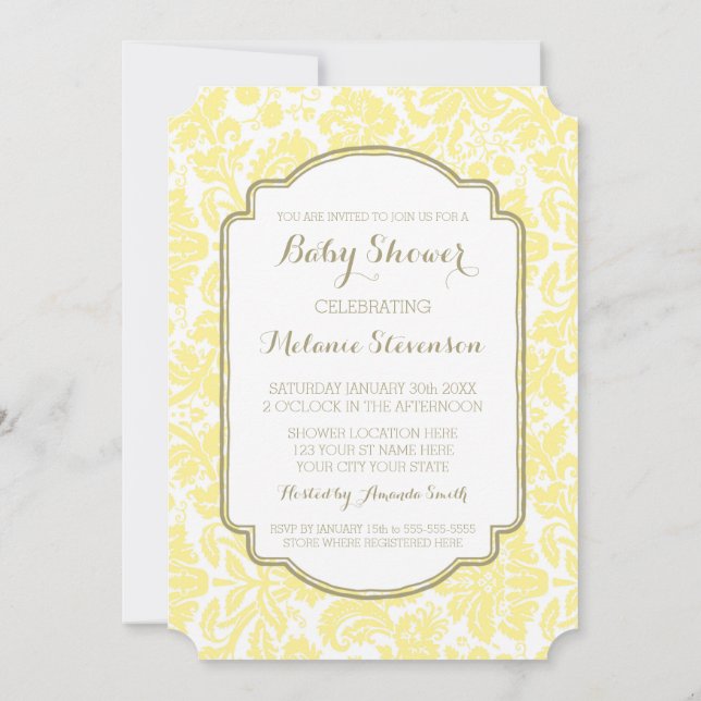 Yellow Tan Damask Custom Baby Shower Invitations (Back)