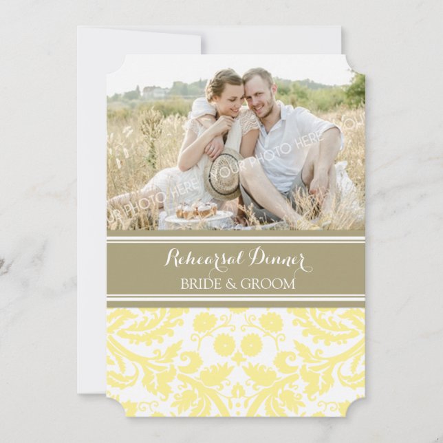 Yellow Tan Damask Photo Rehearsal Dinner Party Invitation (Front)