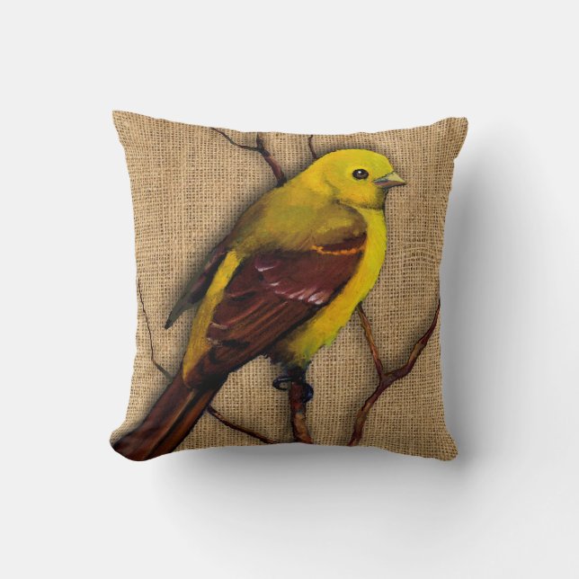 Yellow Tanager Bird on Burlap, Branches, Artwork Cushion (Front)