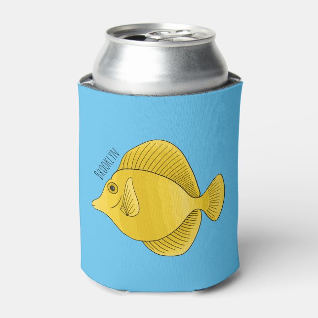 Yellow tang fish cartoon illustration can cooler (Can Front)