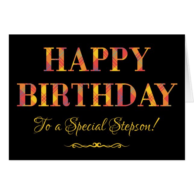 Yellow Tartan on Black Birthday Card for Stepson (Front Horizontal)