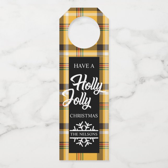 Yellow Tartan Plaid Holly Jolly Bottle Tag (Front)