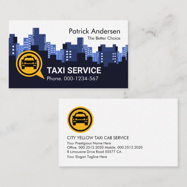 Yellow Taxi At Blue City Skyline Silhouette Business Card (Front/Back)