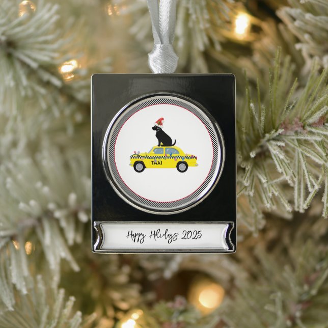 Yellow Taxi Cab Black Lab Happy Holidays Year City Silver Plated Banner Ornament (Tree)