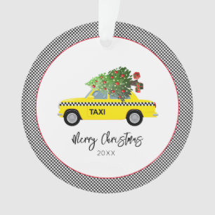 Yellow Taxi Cab Chequerboard Merry Christmas Tree Ornament