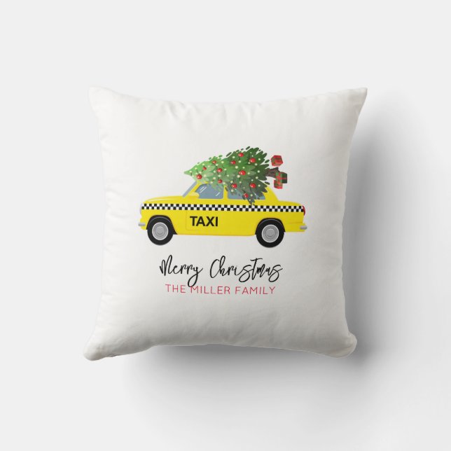 Yellow Taxi Cab MERRY CHRISTMAS Tree Family NAME Cushion (Back)