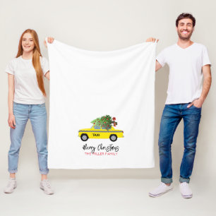 Yellow Taxi Cab Merry Christmas Tree FAMILY NAME  Fleece Blanket