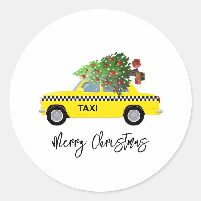 Yellow Taxi Cab Merry Christmas Tree Holiday Fun Classic Round Sticker (Front)