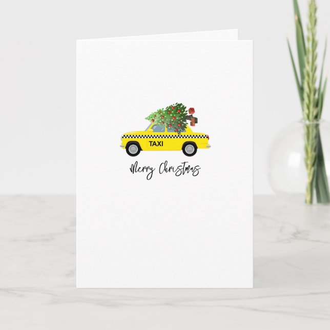 Yellow Taxi Cab Merry Christmas Tree NAME Holiday Card (Front)