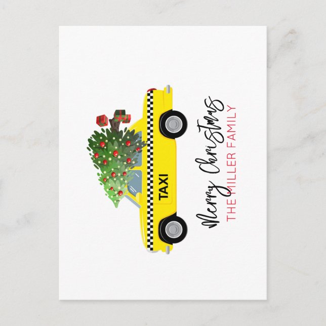 Yellow Taxi Cab Merry Christmas Tree NAME Holiday Postcard (Front)
