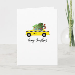 Yellow Taxi Cab Merry Christmas Tree New Year Card