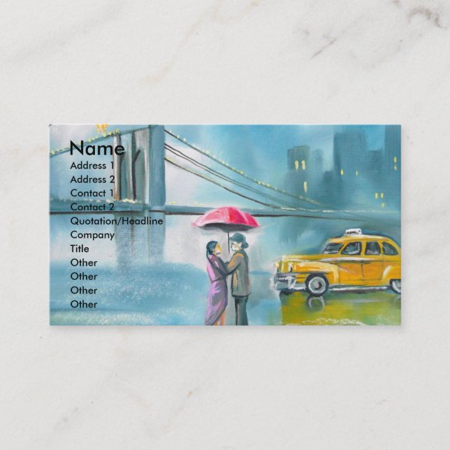 Yellow taxi couple rainy day romantic couple business card (Front)