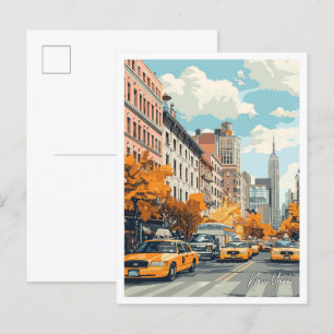 Yellow Taxi New York Vintage Travel Illustration Postcard