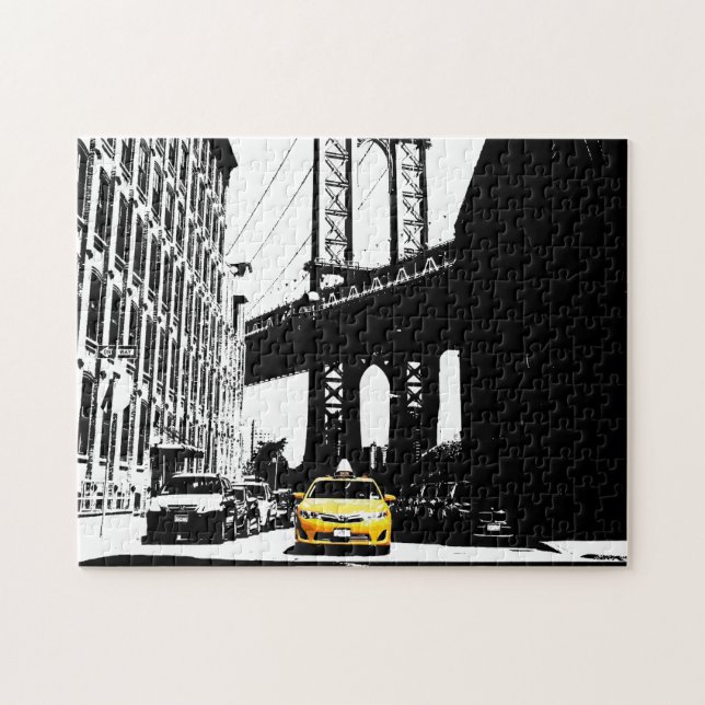 Yellow Taxi Nyc New York City Brooklyn Bridge Jigsaw Puzzle (Horizontal)