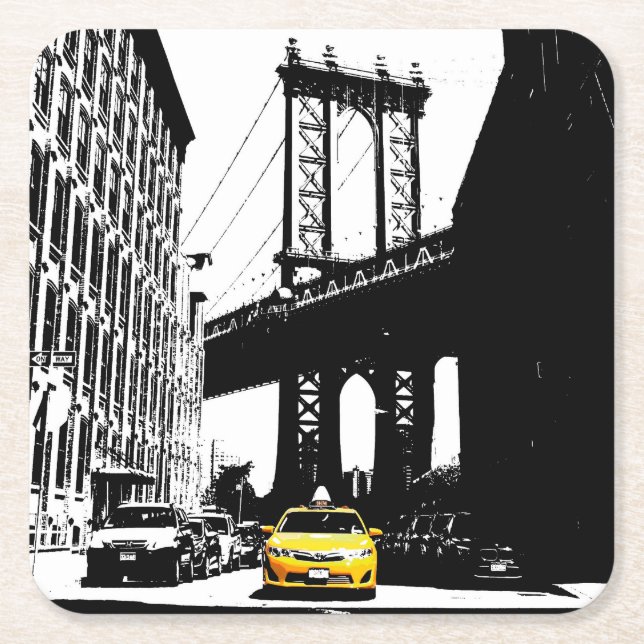 Yellow Taxi Nyc New York City Brooklyn Bridge Square Paper Coaster (Front)