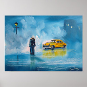Yellow taxi rainy day romantic couple painting poster