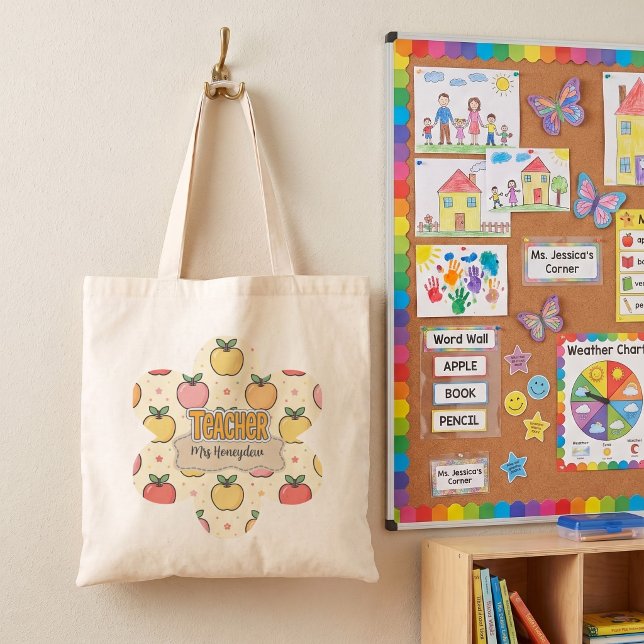 Yellow Teacher School Apple Pattern  Tote Bag (Creator Uploaded)