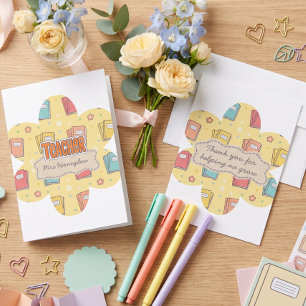 Yellow Teacher School Books Pattern Thank You Card