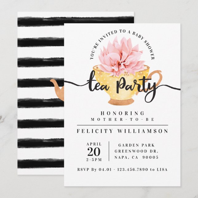 Yellow Teacup Tea Party Baby Shower Invitation (Front/Back)