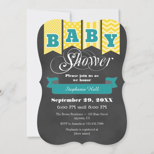 Yellow Teal Chalkboard Flag Baby Shower Invite (Front)