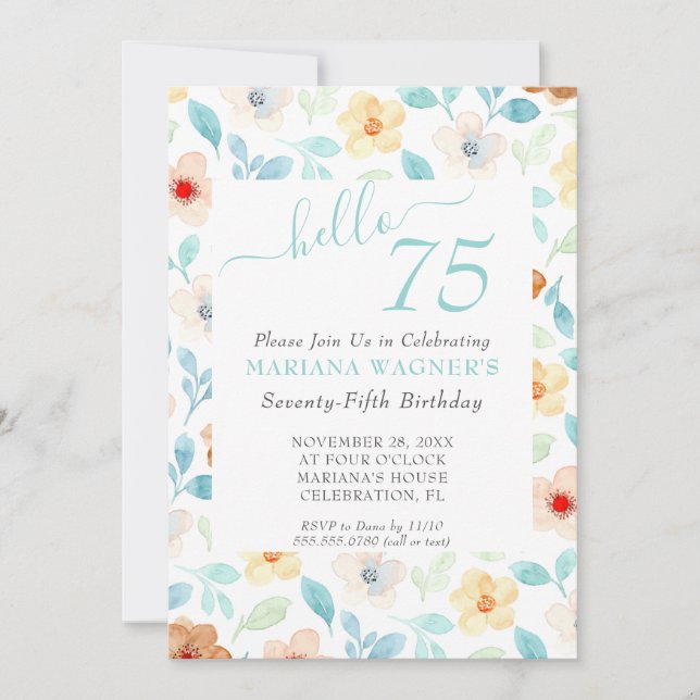 Yellow Teal Floral 75th Birthday Invitation (Front)