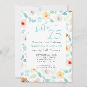 Yellow Teal Floral 75th Birthday Invitation