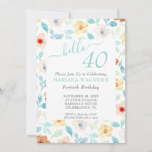 Yellow Teal Floral Elegant Script 40th Birthday Invitation