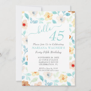 Yellow Teal Floral Elegant Script 45th Birthday Invitation