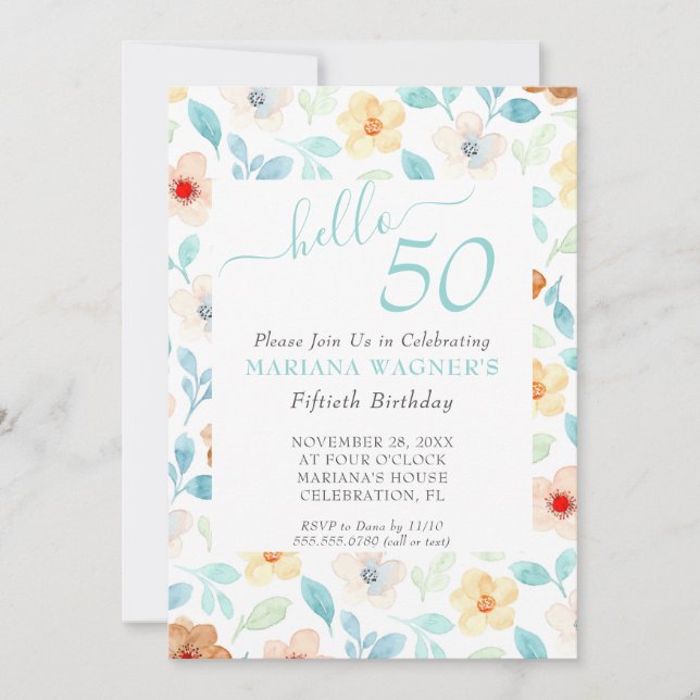 Yellow Teal Floral Elegant Script 50th Birthday Invitation (Front)