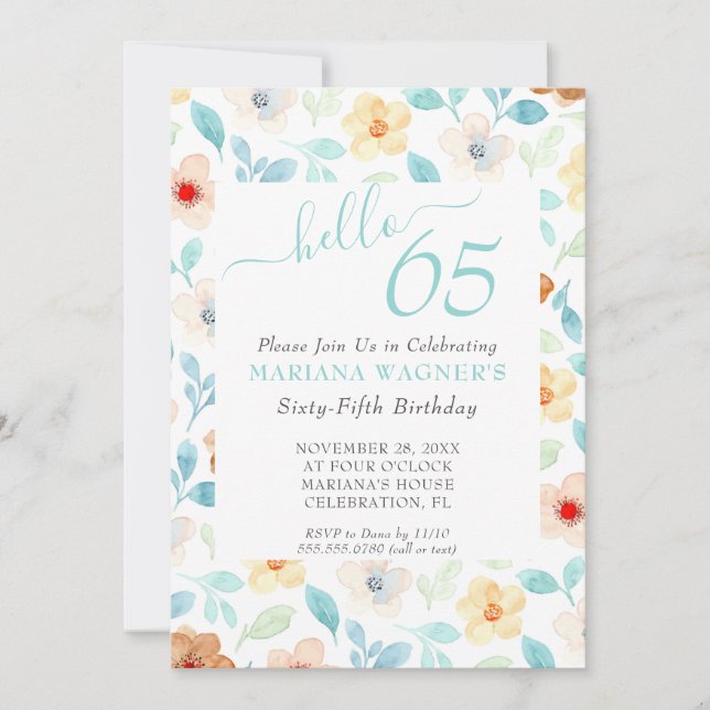 Yellow Teal Floral Elegant Script 65th Birthday Invitation (Front)