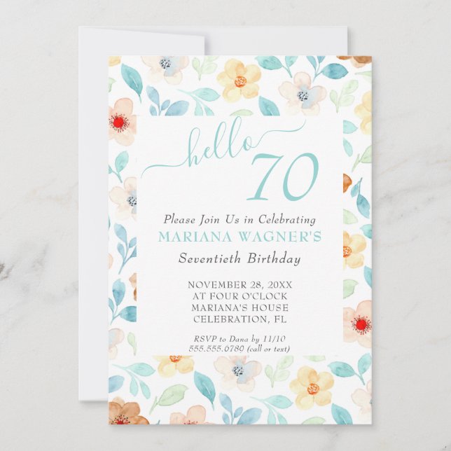 Yellow Teal Floral Elegant Script 70th Birthday Invitation (Front)