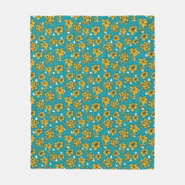 Yellow Teal Flowers Pattern Fleece Blanket (Front)