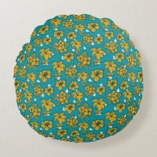 Yellow Teal Flowers Pattern Throw Pillow