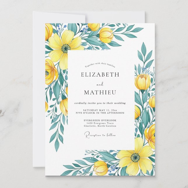 Yellow Teal Lustrous Spring Wedding Invitation (Front)