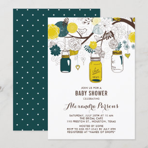 Yellow & Teal Mason Jars Floral Baby Shower Invitation