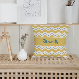 Yellow & Teal Nautical Waves Personalized Coastal Cushion