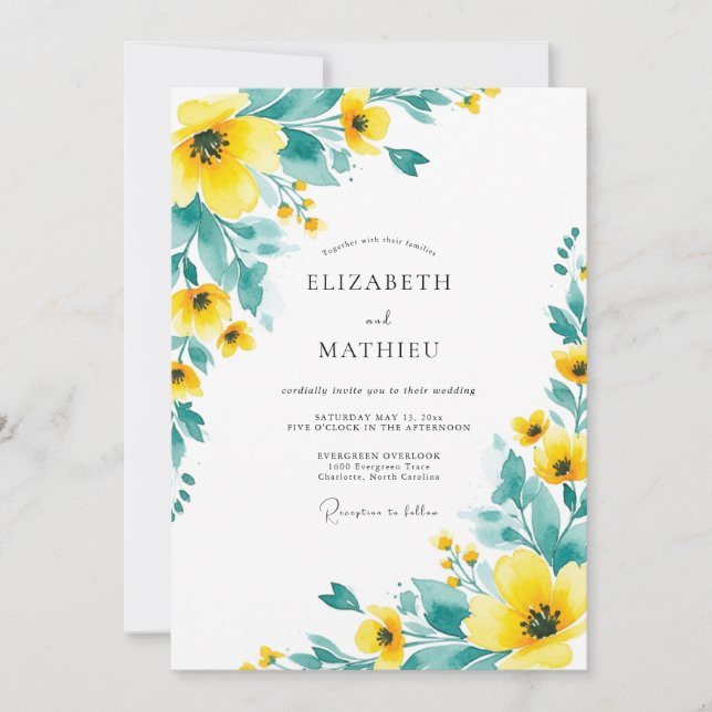 Yellow Teal Radiant Floral Wedding Invitation (Front)