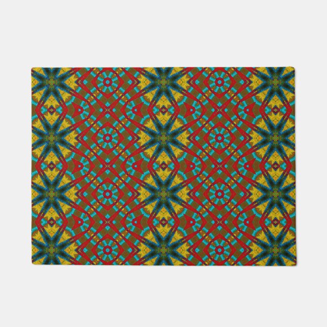 Yellow Teal Red Pattern Modern Boho Tribal Dog Mat (Front)