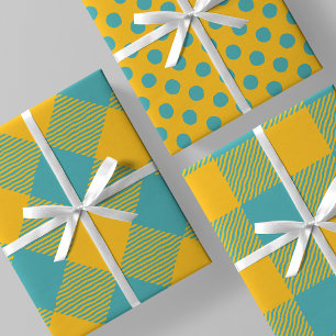 Yellow & Teal Squiggly Buffalo Plaid & Polka Dots Wrapping Paper Sheet