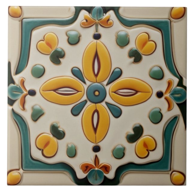 Yellow & Teal Symmetrical Abstract Mediterranean Tile (Front)