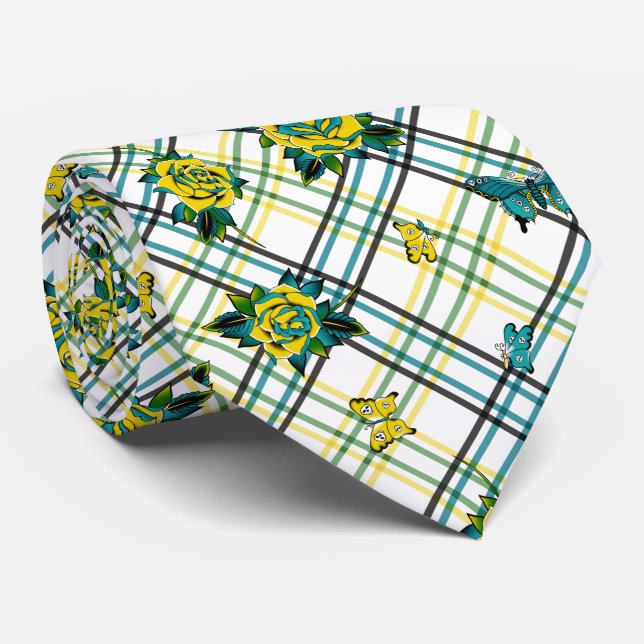 Yellow Teal Tattoo Rose Skull Butterflies Plaid Tie (Rolled)