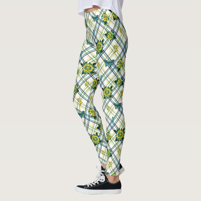 Yellow Teal Tattoo Roses Butterflies Plaid Leggings (Left)