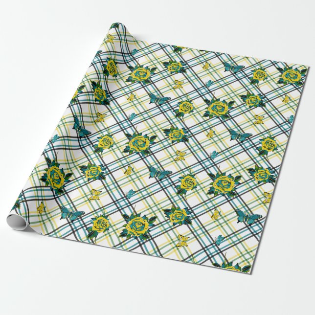 Yellow Teal Tattoo Roses Butterflies Plaid Wrapping Paper (Unrolled)