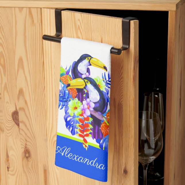 Yellow Teal Toucan birds tropical flowers Tea Towel (Thirds Fold)
