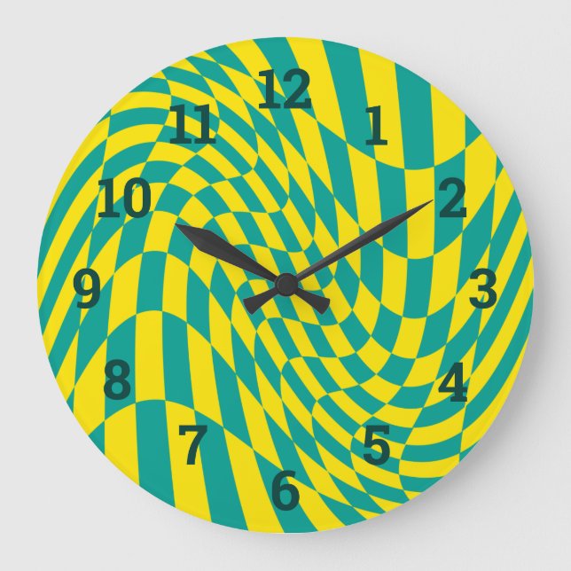 Yellow + Teal Warped Chequerboard Illusion Large Clock (Front)
